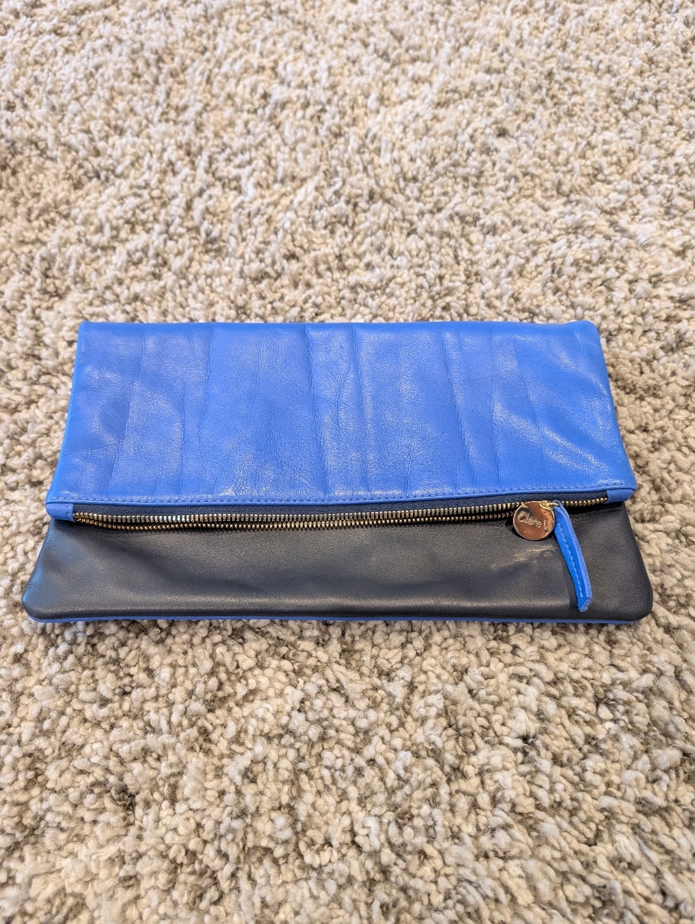 Clare V Blue and Black Fold-Over Leather Clutch